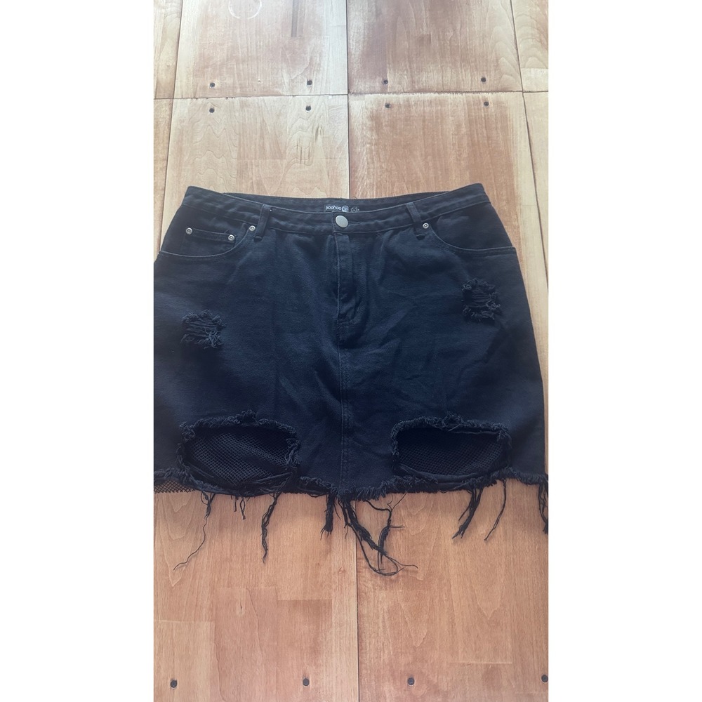 Boohoo Blue Black Distressed Denim Mini Skirt with Mesh‎ Details Size 12 US
